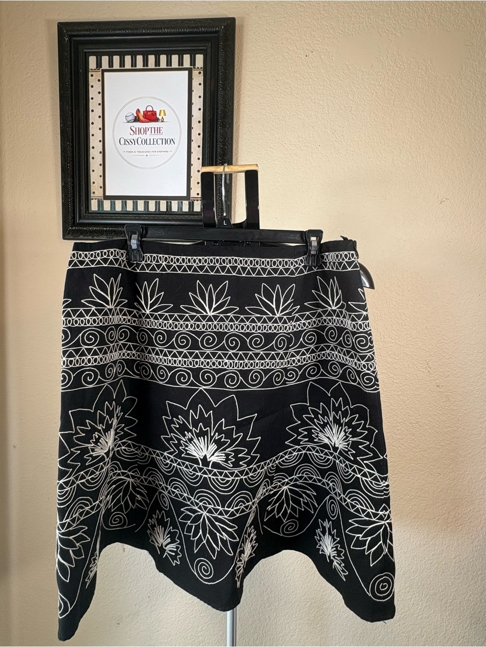 Vintage Talbots Black White Embroidered A-Line Cotton Skirt Women’s Size 16